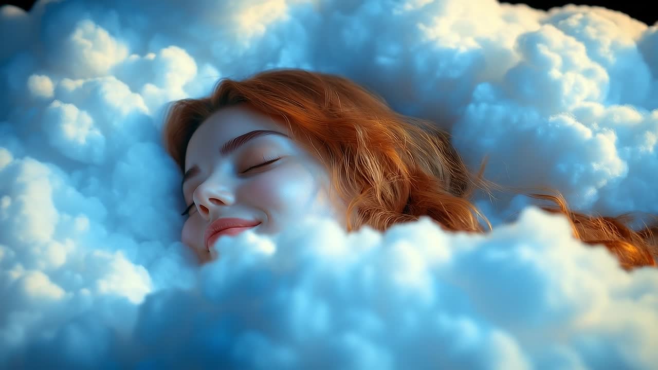 Dreaming peacefully among soft clouds. A young woman with red hair rests serenely on a bed of fluffy clouds, enjoying a tranquil moment of relaxation.