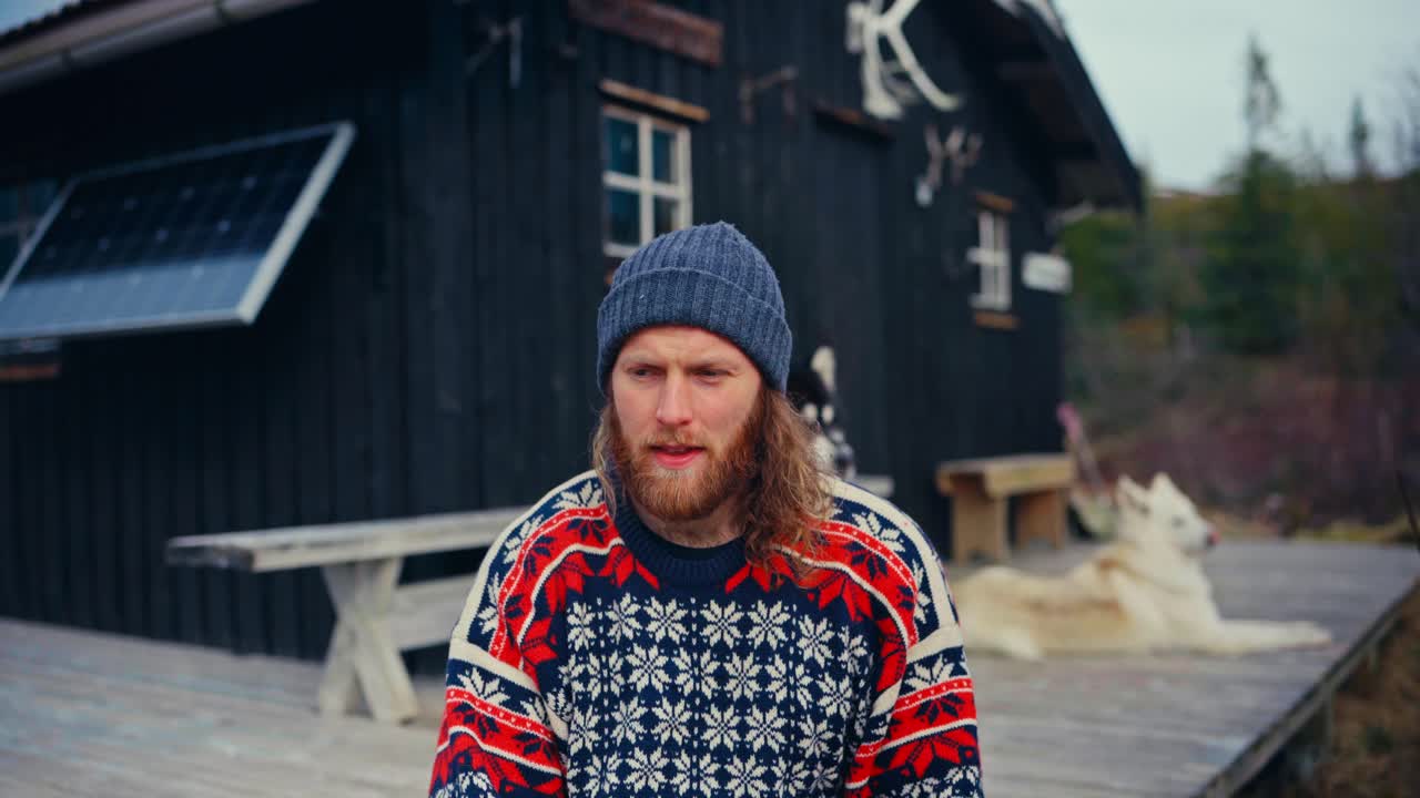 Man Drinking Hot Coffee In The Porch In The Early Morning. - closeup shot