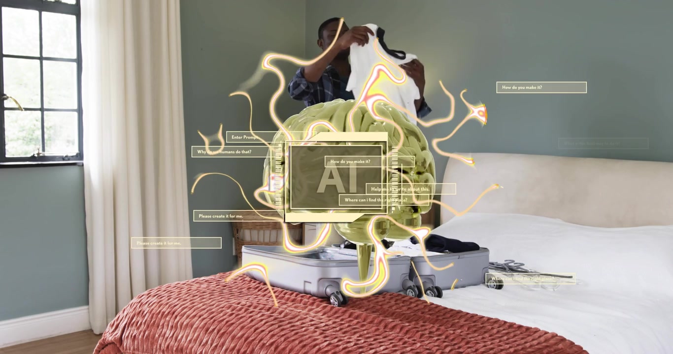 Man standing at foot of bed initiating animated AI brain guiding packing with space prompts