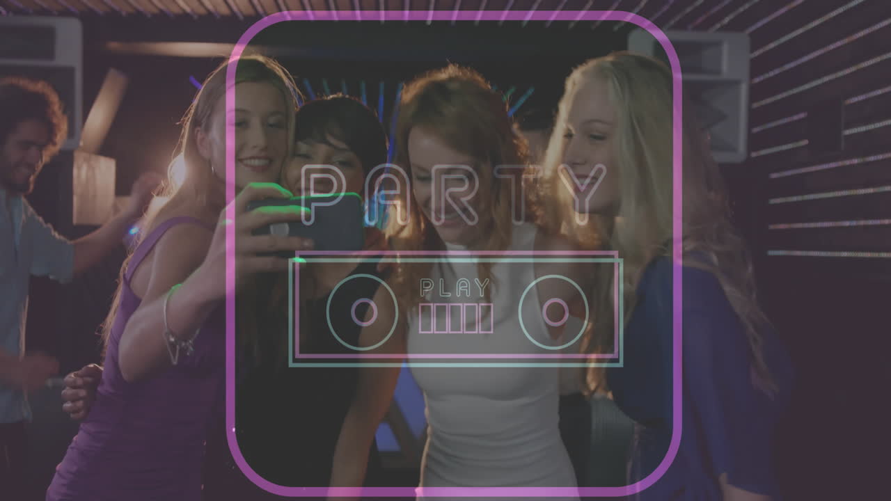 Party text animation over women dancing and enjoying in nightclub