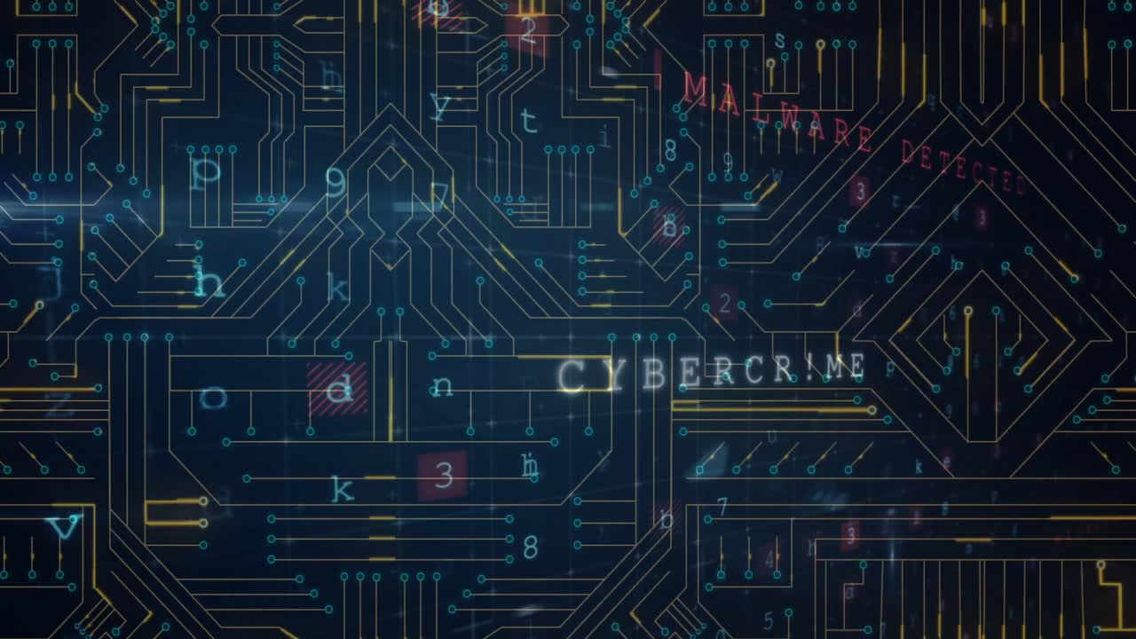Animation of cyber security data processing over microprocessor connections against blue background
