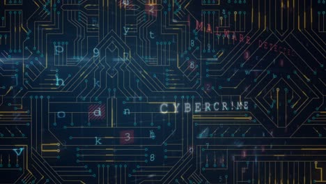 Animation-of-cyber-security-data-processing-over-microprocessor-connections-against-blue-background