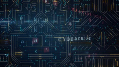 animation of cyber security data processing over microprocessor connections against blue background