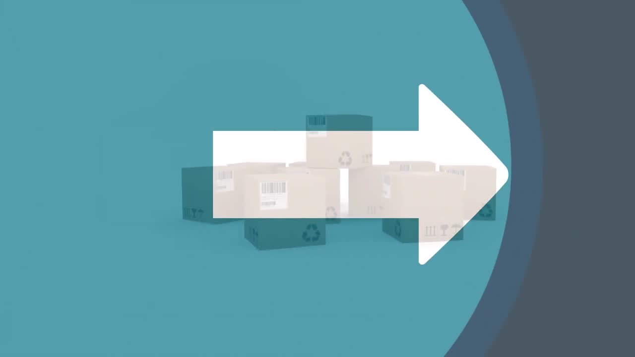 ⁇ 색 배경에  ⁇ 색 화살표, 파란색 원과 카드보드 상자의 애니메이션