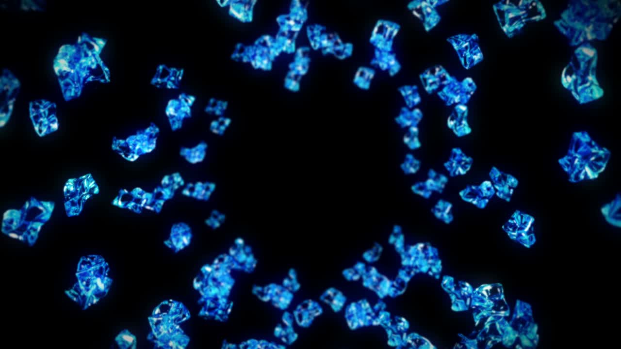 검은색 바탕에 많은 깨한 얼음 큐브를 날아. 부서진 얼음 조각, 자연 물. 부러진 얼음의 3d 애니메이션 회전. 루프 애니메이션.