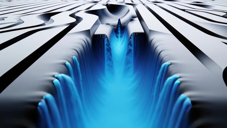 Spine emerging, blue channel widening down groove on white-black ridged terrain, peak rising