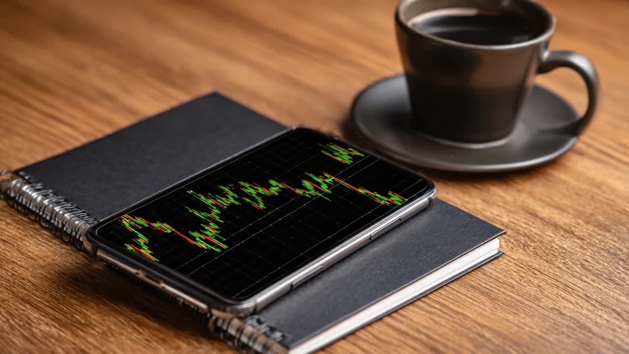 Analyzing Market Trends with a Smartphone Displaying Stock Charts Next to a Coffee Cup on a Wooden Table Setup for Investment Research
