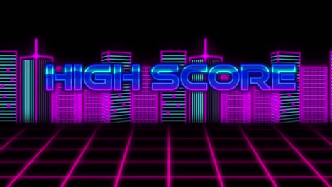 Animation-Von-Highscore-Text-über-Stadtbild-Auf-Schwarzem-Hintergrund