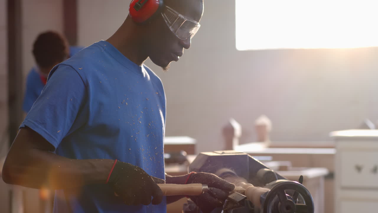 Operating African American coworkers shaping spindle on lathe in shop, with safety goggles, gloves