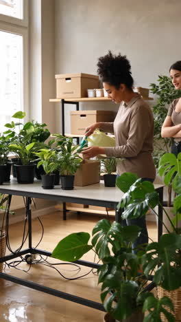 women watering indoor plants