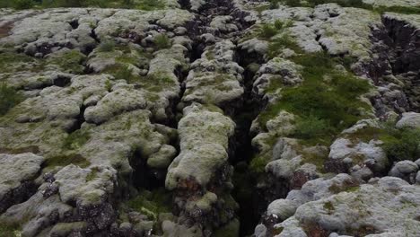 acantilados cubiertos de musgo en el cañón de islandia, vista aérea hacia abajo