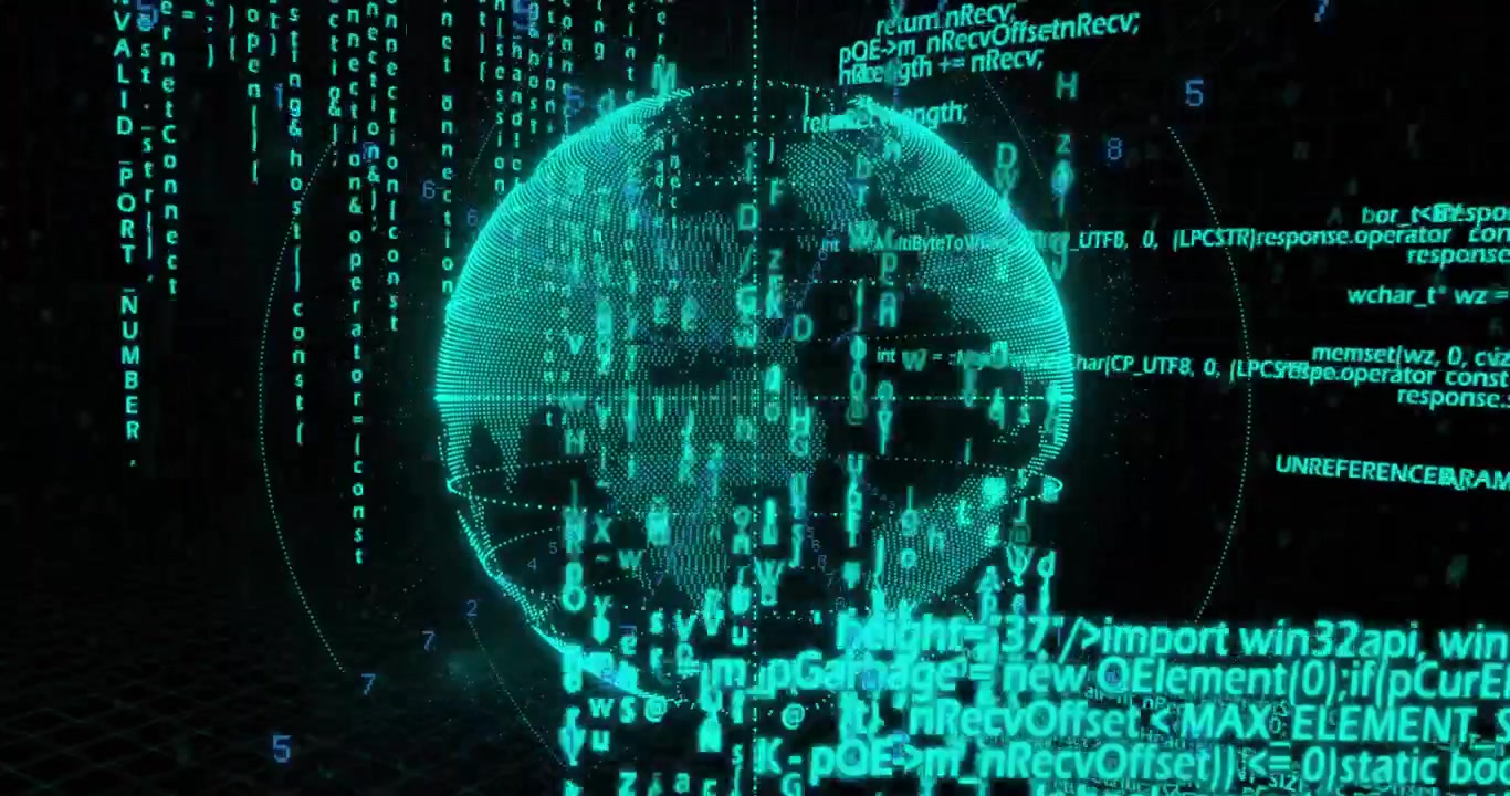 Turquoise dotted globe emerging then rotating with code streams visualizing global data flow