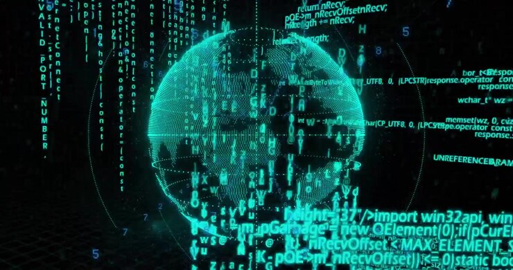 Turquoise dotted globe emerging then rotating with code streams visualizing global data flow