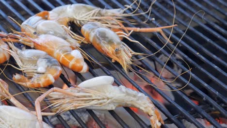 cocinar a la parrilla camarón de río crudo fresco vivo en carbón caliente en un restaurante de mariscos en tailandia