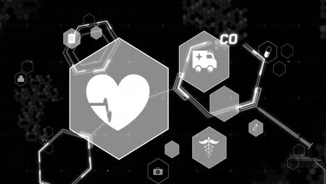 animación de iconos médicos y fórmula química con procesamiento de datos sobre fondo negro