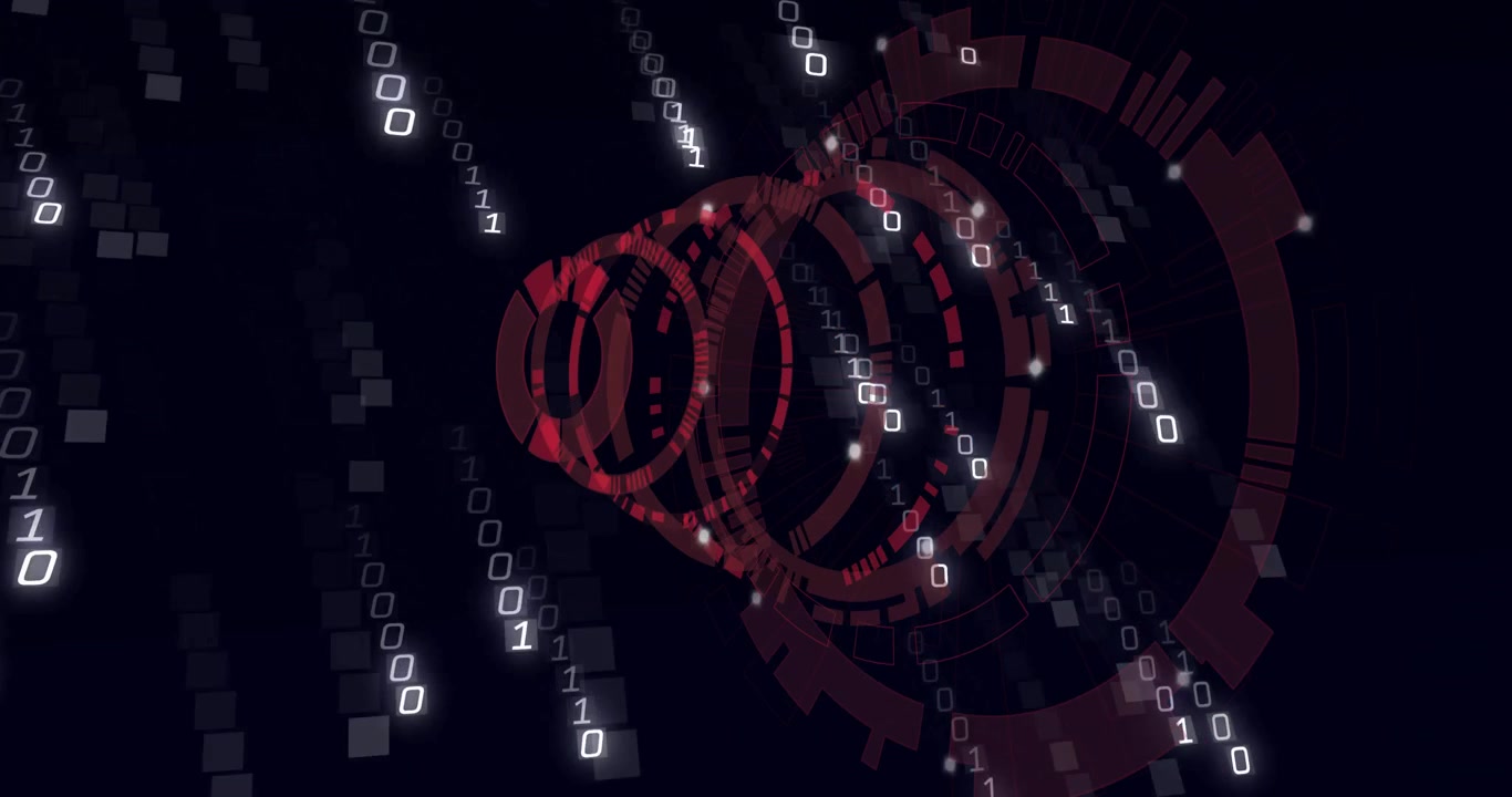 Opening screen, red rings pulsing while binary digits streaming, creating rotating digital tunnel