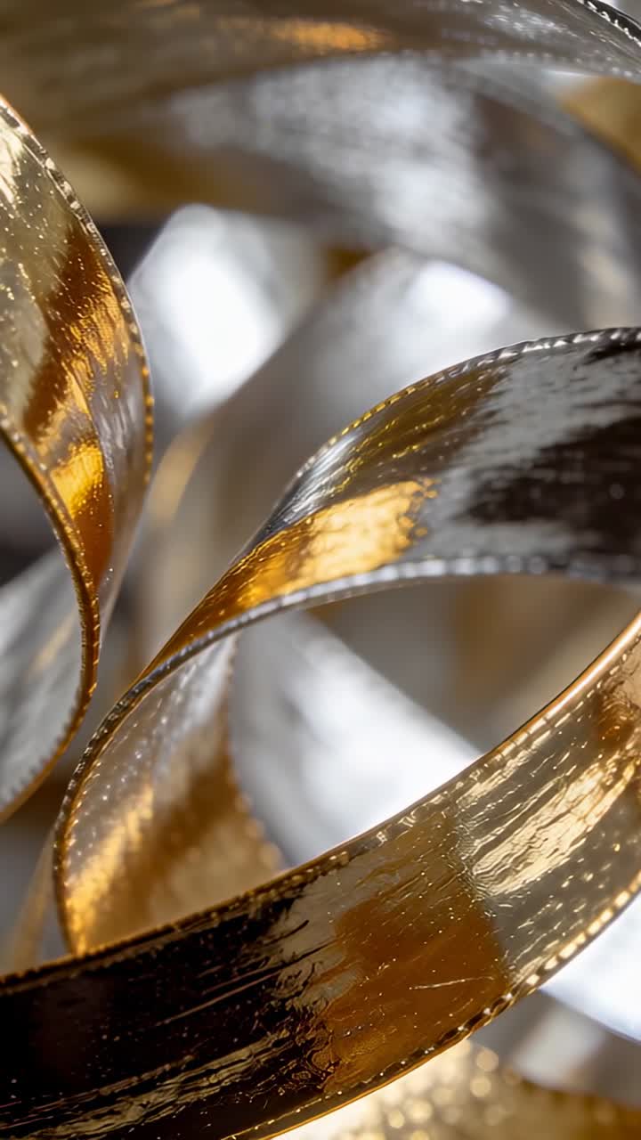 Video verticale: Nastri metallici arricciati in movimento in macro con micro spostamenti della fotocamera, creando un luccichio dorato.