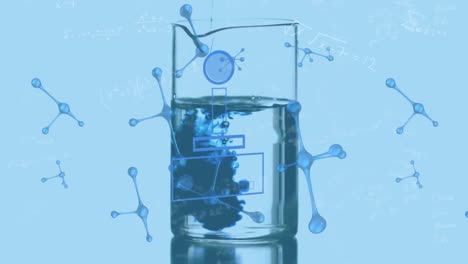 Animation-of-blue-molecules-over-chemistry-laboratory-beaker-on-blue-background