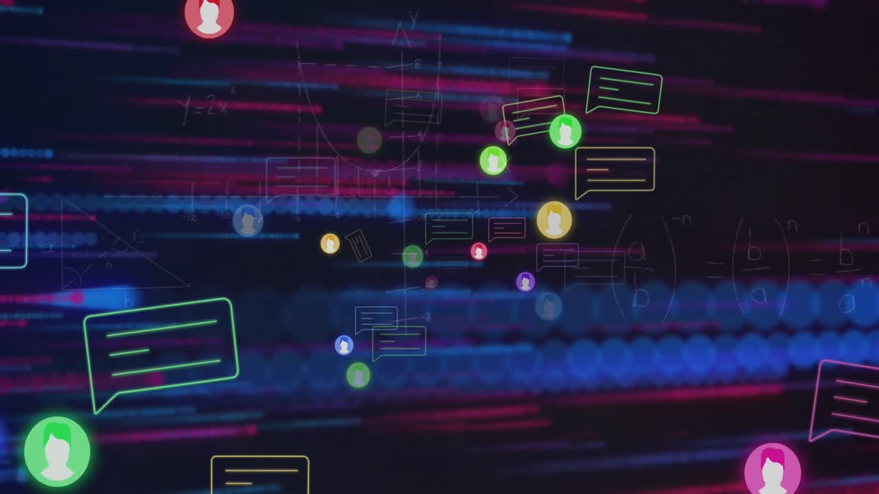 Animation of multiple profile and message icons against mathematical equations and light trails