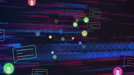 animación de múltiples iconos de perfiles y mensajes contra ecuaciones matemáticas y rastros de luz