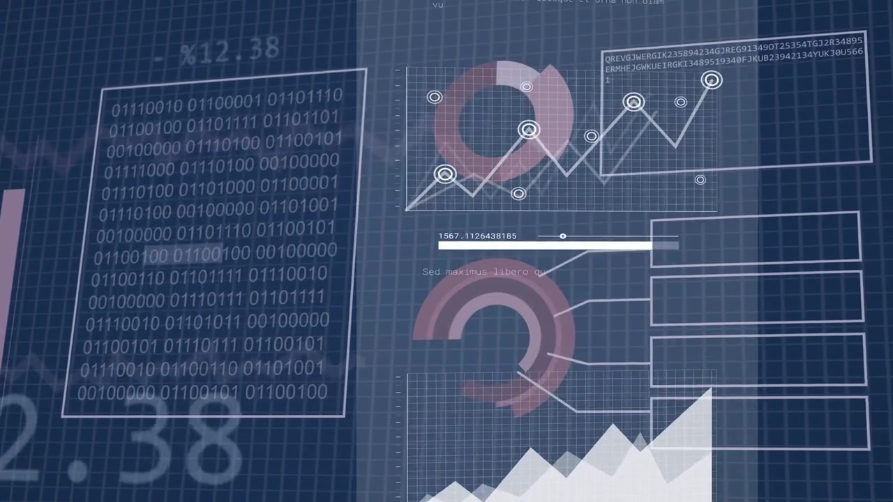 Left panel appearing dashboard panel sliding, charts populating and binary scrolling showing data