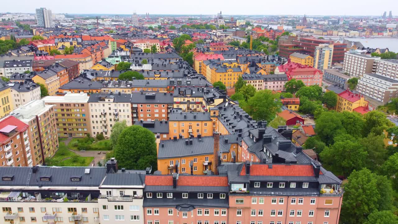 Vibrant buildings of Stockholm Sweden with scenic aerial view of city