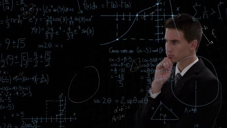 animation of caucasian businessman over mathematical equations on black background