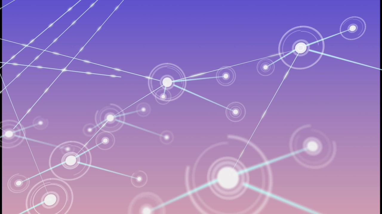 Animation of illuminated dots connecting with lines and moving against blue background