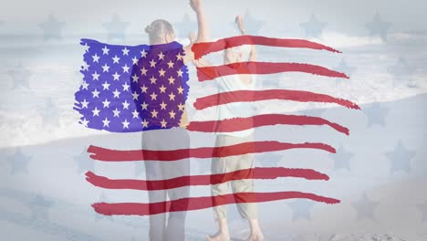 Mehrere-Sterne-Und-Eine-Amerikanische-Flagge-Winken-Gegen-Ein-Kaukasisches-Seniorenpaar,-Das-Am-Strand-Tanzt