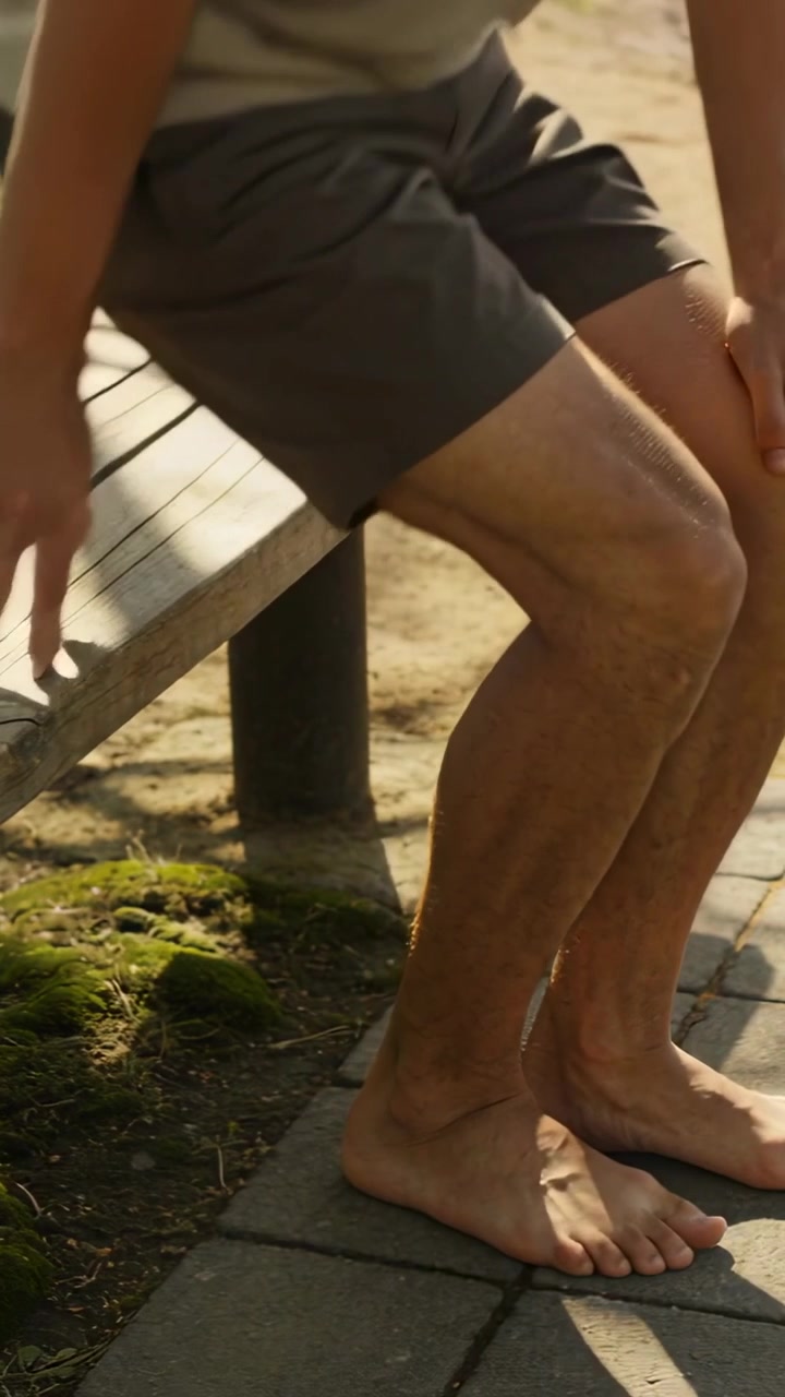 Video verticale: Uomo che sposta il peso, si spinge da una panchina del parco e cammina su un sentiero in maglietta e pantaloncini, a piedi nudi