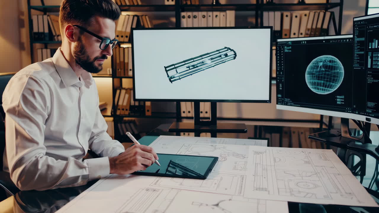 Engineer working on 3D design and blueprints