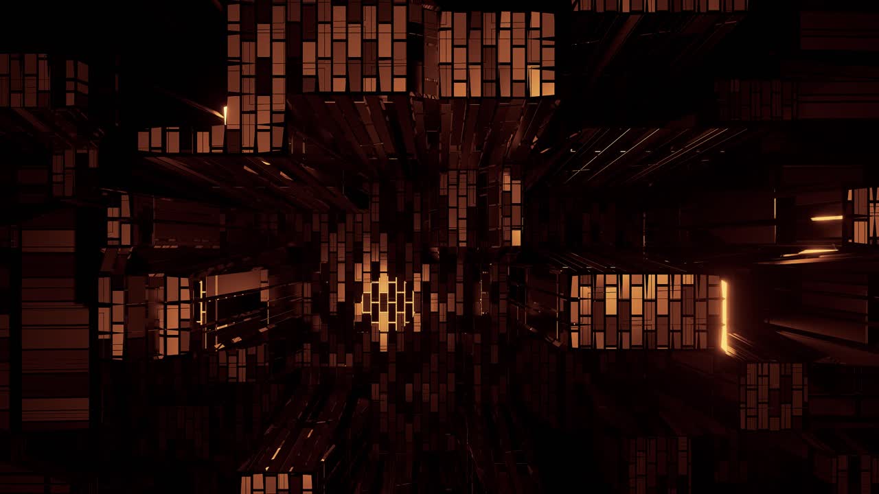 Loop VJ - Caindo por um ambiente digital com falhas com luz laranja dourada brilhando em estruturas de grade intermitentes.
