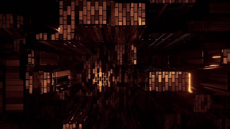 Loop VJ - Caindo por um ambiente digital com falhas com luz laranja dourada brilhando em estruturas de grade intermitentes.