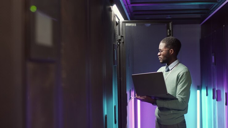 Amministratore IT che controlla il funzionamento del data center con un laptop