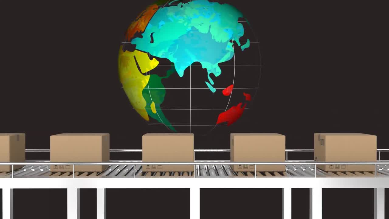 컨베이어 벨트에서 움직이는 카드보드 상자 위의 지구의 애니메이션