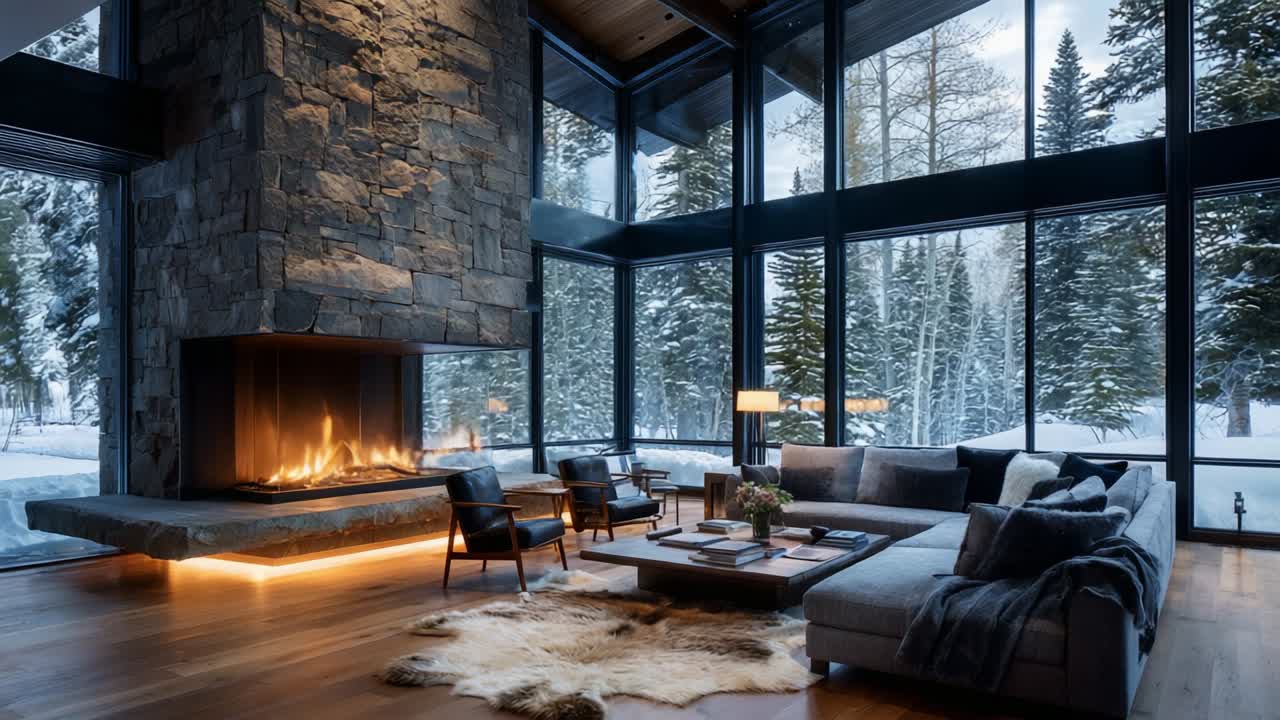 A Cozy Winter Retreat: A Beautifully Designed Living Room Featuring a Stone Fireplace, Large Windows Showcasing a Snowy Landscape, and Elegant Furnishings, Perfect for Relaxation during the Cold Season