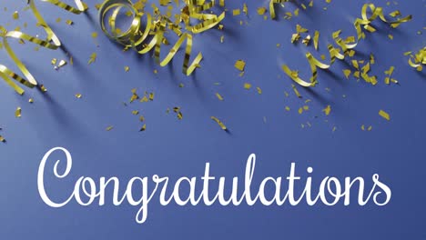 animation of congratulations text over gold streamers on blue background