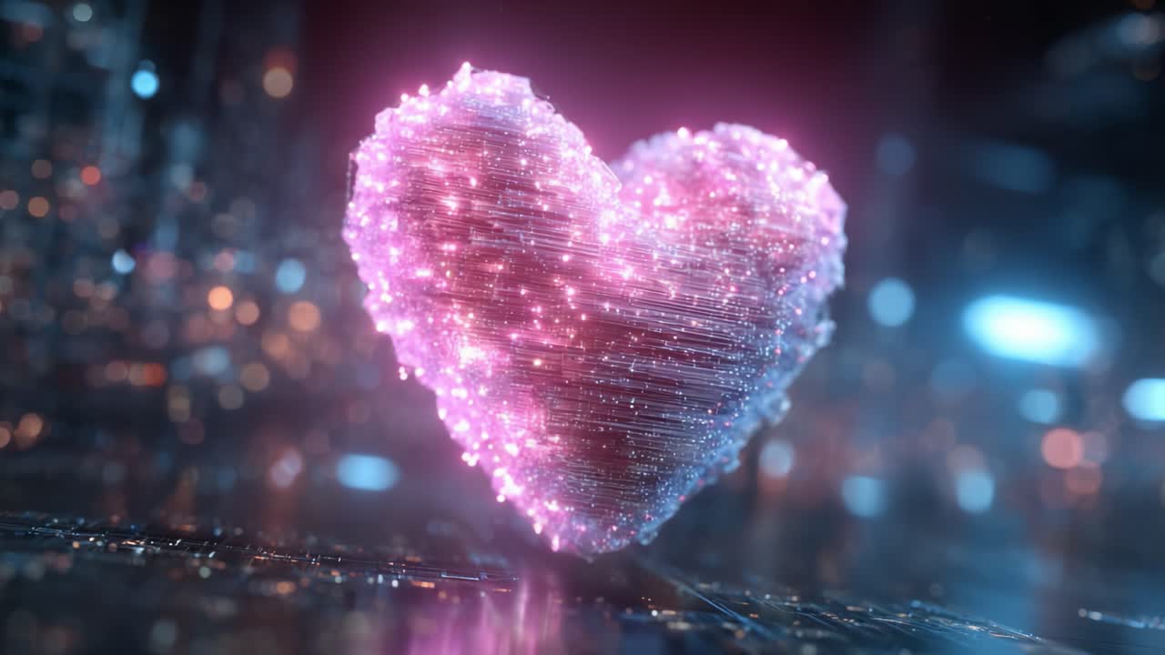 A Stunning Digital Heart Glowing with Radiant Colors and Intricate Patterns, Symbolizing Love and Connection in a Futuristic Environment Full of Soft Lights and Sparkles