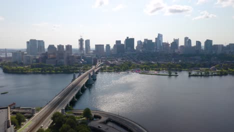 Cinematic-Aerial-View-of-Downtown-Boston-on-Amazing-Summer-Day