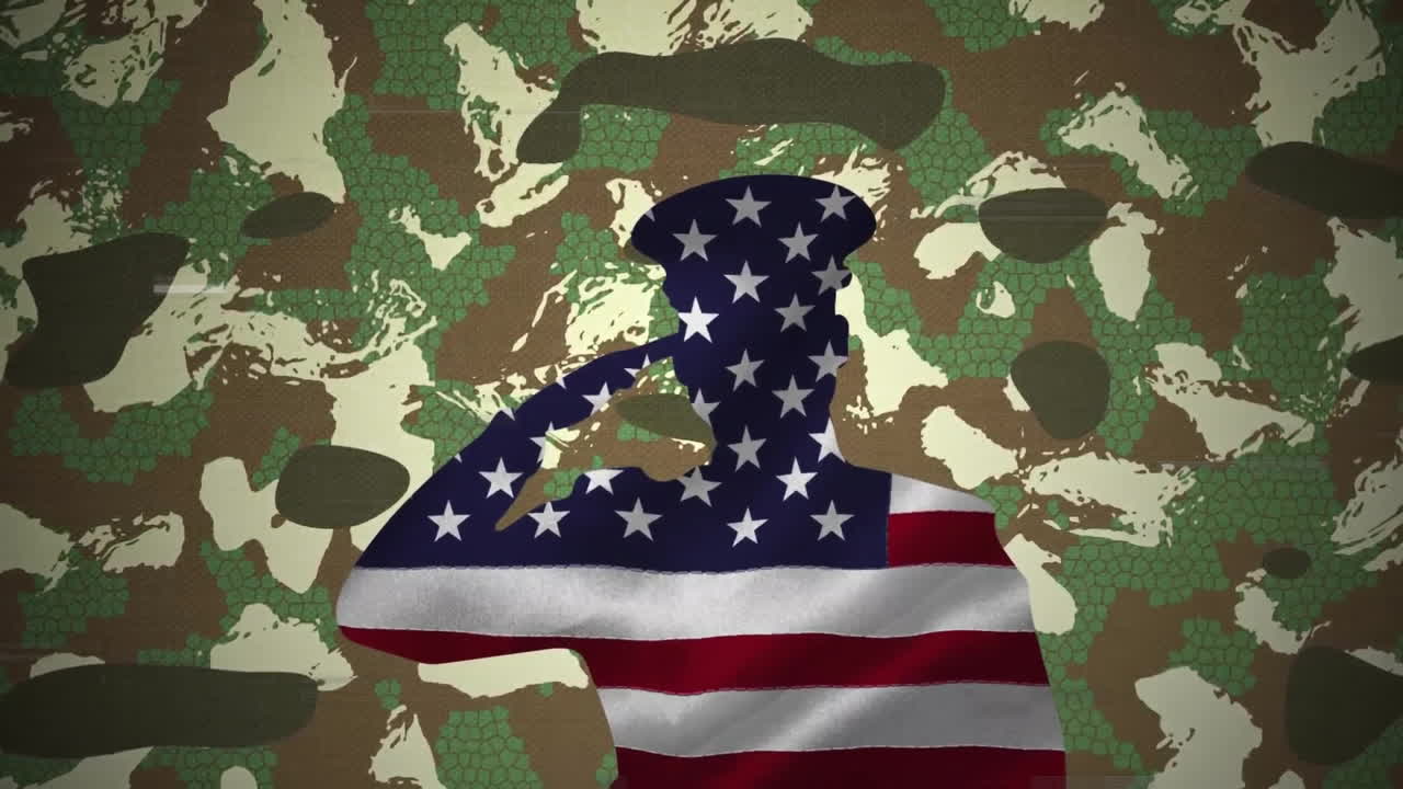 Saluting soldier silhouette with American flag animation over camouflage background