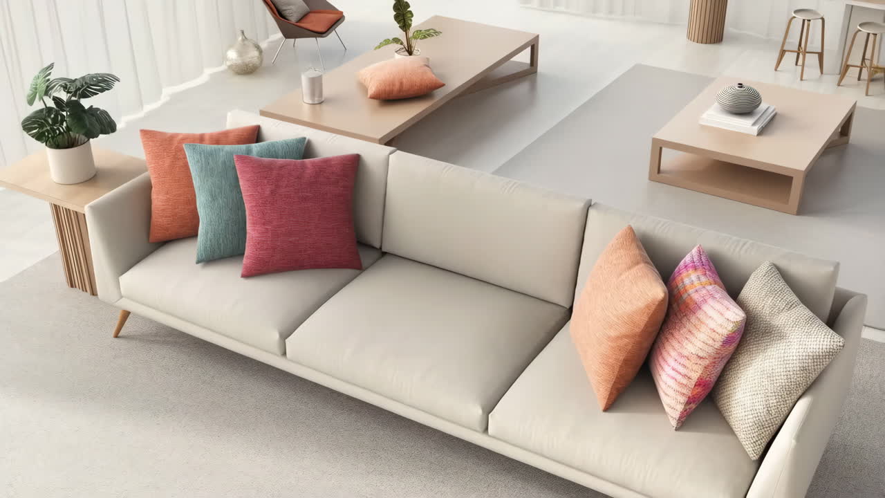 Modern Living Room with Neutral Sofa and Colorful Pillows