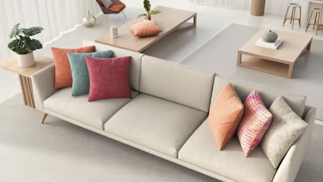 modern living room with neutral sofa and colorful pillows