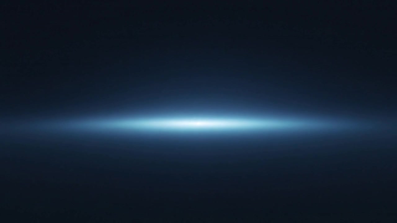 Una luce centrale bianco-blu che appare, evolvendo in una sottile linea orizzontale su uno sfondo scuro, con un alone.