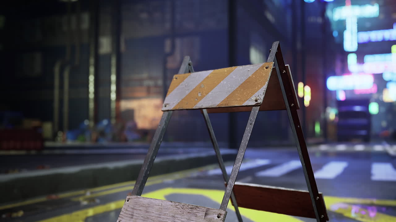 Construction barrier on a neon lit street in a busy urban setting at night