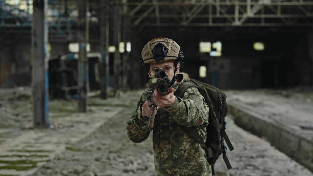 Female Soldier in a Ruined Factory