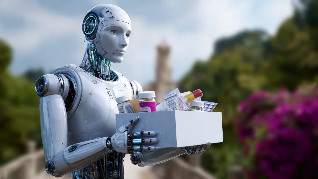 Un robot futuristico tiene delicatamente una scatola piena di diversi prodotti farmaceutici, in un vivace ambiente esterno con fiori e vegetazione sullo sfondo