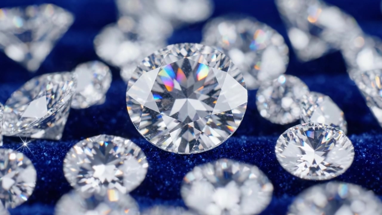 Eine atemberaubende Anordnung brillanter Diamanten, die auf tiefblauem Samt funkeln und ihre unglaubliche Reinheit, ihren Schliff und ihre Strahlkraft in einer luxuriösen Präsentation zur Geltung bringen.