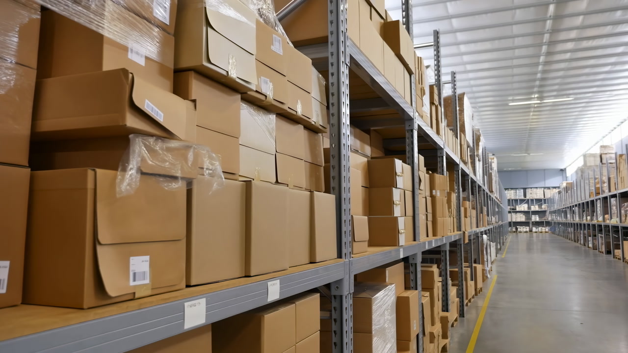 Warehouse Shelves Lined With Labeled Boxes And Taped Parcels, Closeup Of Packaging And Barcode Labels On Metal
