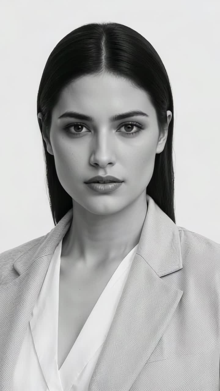 Vídeo vertical: reagindo ao modelo de sinalização mudando o olhar, posando com confiança em estúdio usando blazer