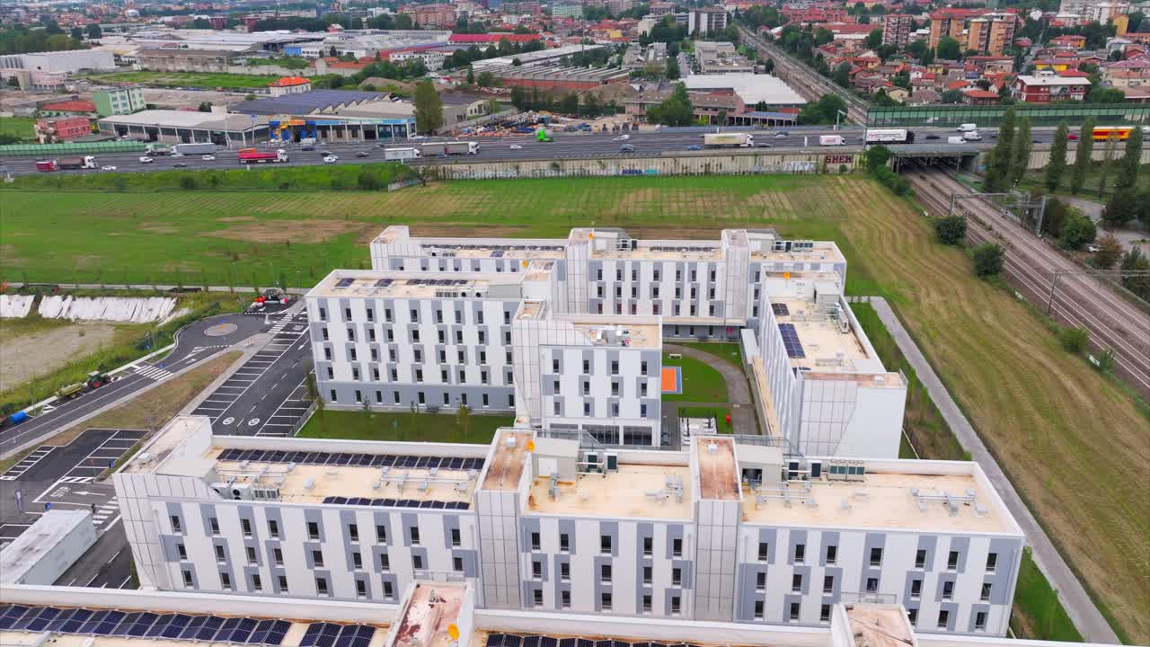 Student Campus X or CX Milan, Novate Milanese, Italy. Aerial drone view